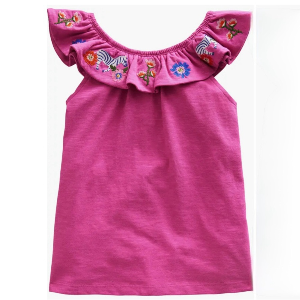 Mini Boden Pink Embroidered Ruffle Shoulder Cotton Tank, Size 5-6y